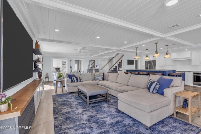 388 Ocean Ave N Unit 6D, Long Branch, NJ 07740 - living area with light wood-style floors, stairs, recessed lighting, a wooden ceiling with exposed beams, and crown molding
