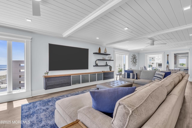 388 Ocean Ave N Unit 6D, Long Branch, NJ 07740 - living area featuring a wood ceiling with exposed beams, ceiling fan, plenty of natural light, wood finished floors, and recessed lighting