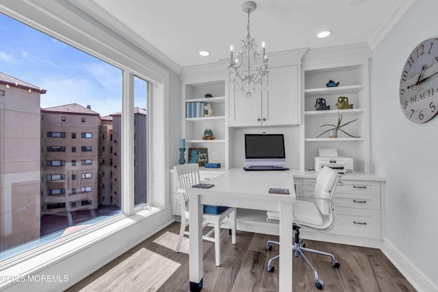 388 Ocean Ave N Unit 6D, Long Branch, NJ 07740 - office space featuring crown molding, wood finished floors, a chandelier, built in features, and recessed lighting