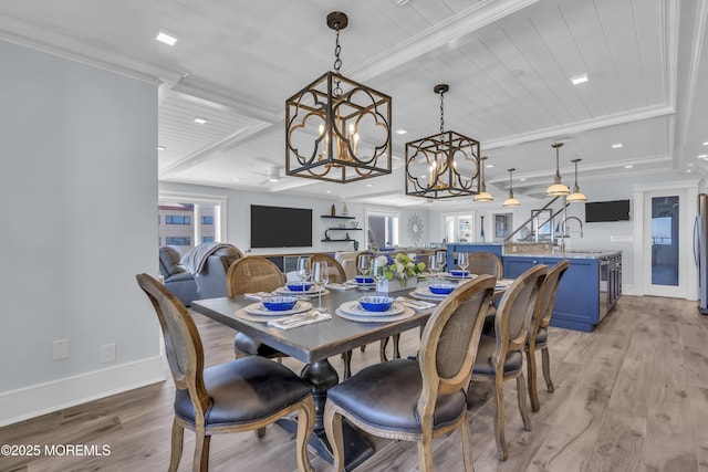 388 Ocean Ave N Unit 6D, Long Branch, NJ 07740 - dining area with a chandelier, light wood-type flooring, plenty of natural light, coffered ceiling, and recessed lighting