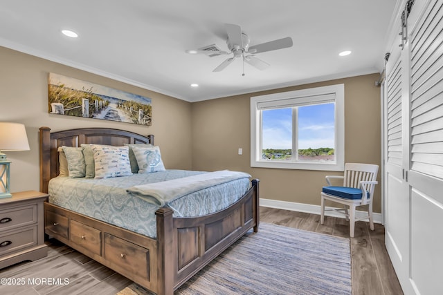 388 Ocean Ave N Unit 6D, Long Branch, NJ 07740 - bedroom featuring crown molding, light wood-style flooring, recessed lighting, and a ceiling fan