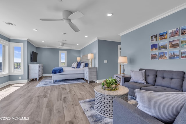 388 Ocean Ave N Unit 6D, Long Branch, NJ 07740 - bedroom with ornamental molding, recessed lighting, light wood-style floors, and a ceiling fan