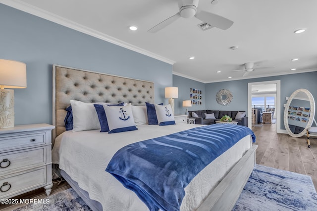 388 Ocean Ave N Unit 6D, Long Branch, NJ 07740 - bedroom with ornamental molding, recessed lighting, wood finished floors, and a ceiling fan