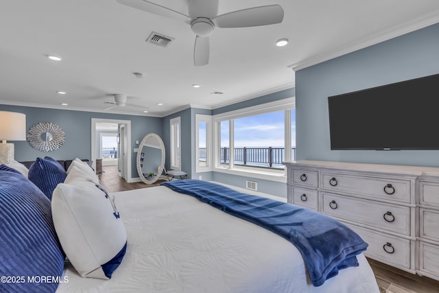 388 Ocean Ave N Unit 6D, Long Branch, NJ 07740 - bedroom featuring ornamental molding, wood finished floors, recessed lighting, and ceiling fan