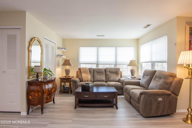 living room with light hardwood / wood-style flooring