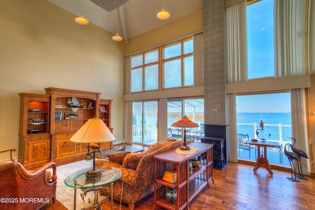 living room with high vaulted ceiling, baseboard heating, wood finished floors, and a healthy amount of sunlight