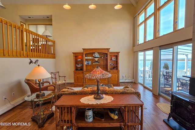 dining room with a wealth of natural light, a baseboard radiator, wood-type flooring, and a towering ceiling