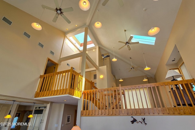 room details with a ceiling fan, a skylight, and visible vents