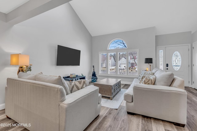 living room featuring high vaulted ceiling and light hardwood / wood-style floors