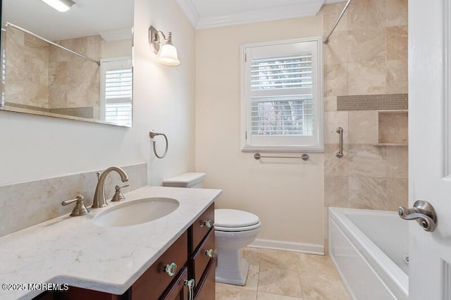 bathroom featuring toilet, shower / bath combination, vanity, baseboards, and ornamental molding