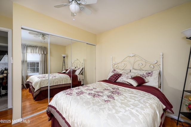 bedroom featuring ceiling fan, wood-type flooring, and a closet