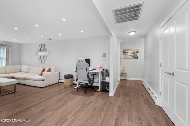 67 Grand Ave, Toms River, NJ 08753 - home office with a baseboard radiator, visible vents, light wood-style flooring, and recessed lighting
