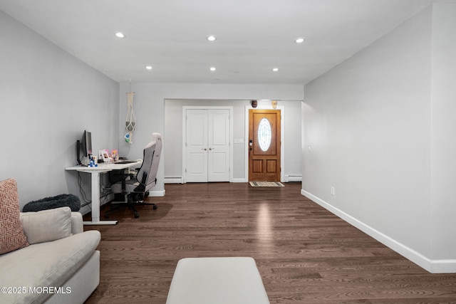 67 Grand Ave, Toms River, NJ 08753 - office area with baseboard heating, baseboards, dark wood finished floors, and recessed lighting