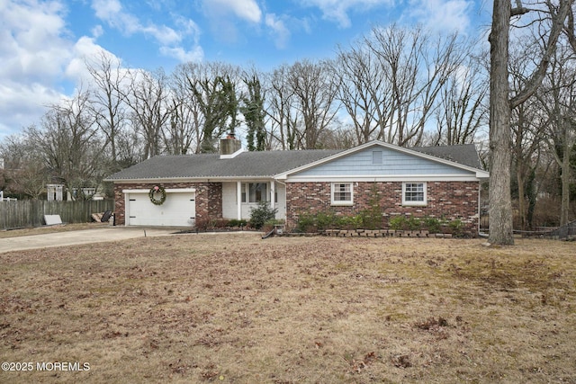 67 Grand Ave, Toms River, NJ 08753 - ranch-style home featuring a garage, concrete driveway, a chimney, fence, and brick siding