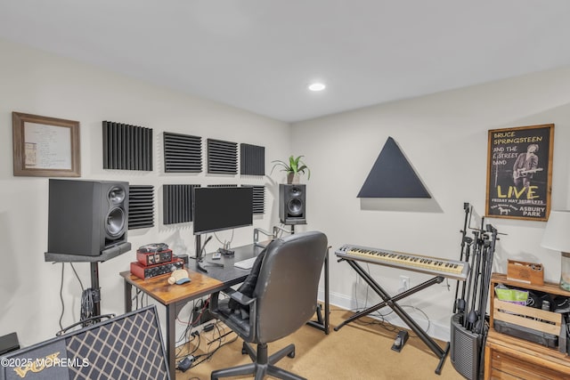 home office featuring baseboards, recessed lighting, and light colored carpet