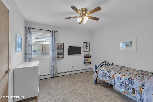 bedroom with a baseboard heating unit, ceiling fan, and light carpet