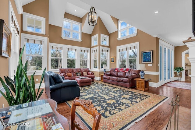 living room featuring a chandelier, a wealth of natural light, a towering ceiling, and wood finished floors