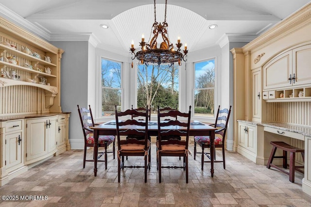 dining area with stone tile floors, baseboards, crown molding, and recessed lighting