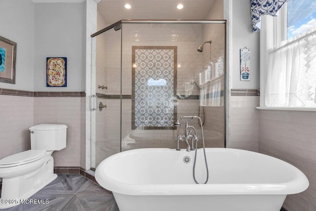 full bathroom featuring a stall shower, a freestanding tub, toilet, and a healthy amount of sunlight