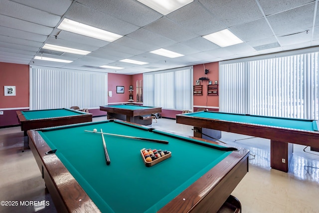 game room featuring billiards and a drop ceiling