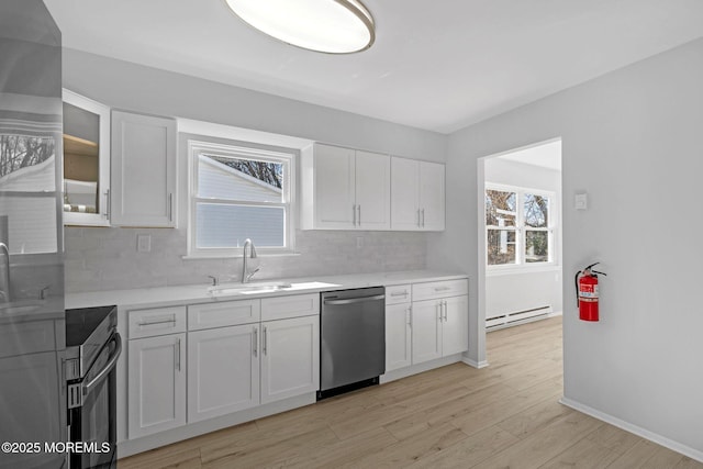 kitchen featuring a sink, a baseboard heating unit, backsplash, white cabinetry, and appliances with stainless steel finishes