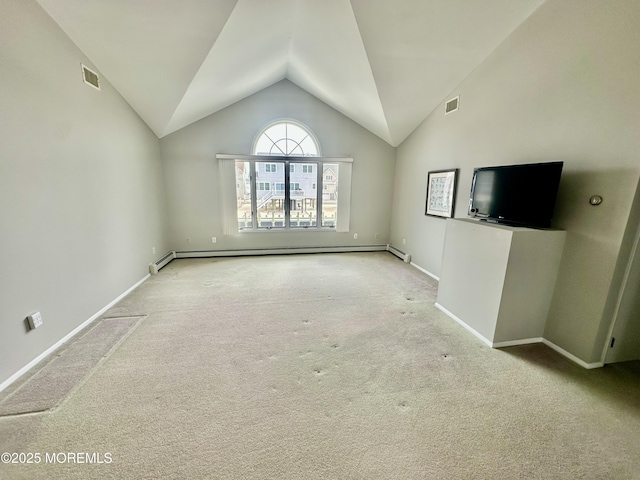 unfurnished living room featuring a baseboard radiator, lofted ceiling, and light colored carpet