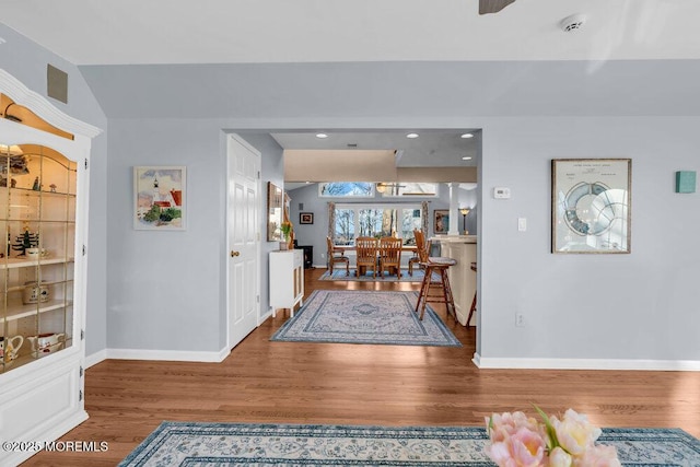 foyer entrance featuring hardwood / wood-style floors and ceiling fan