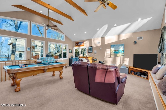 recreation room featuring high vaulted ceiling, billiards, ceiling fan, beam ceiling, and light carpet