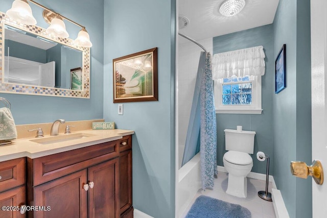 full bathroom featuring shower / bath combo, tile patterned floors, vanity, and toilet