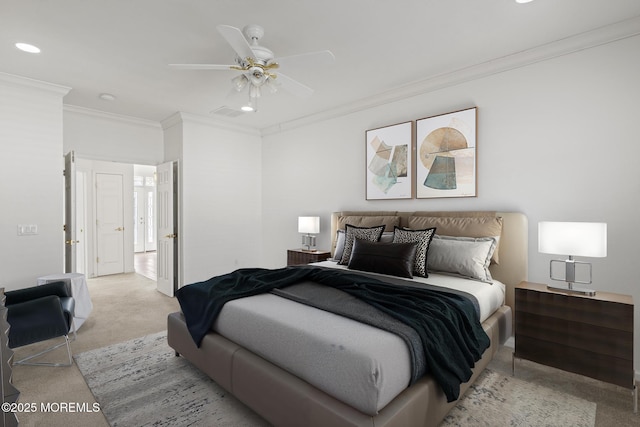 bedroom featuring light carpet, a ceiling fan, crown molding, and recessed lighting