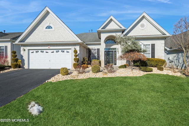 view of front of house with a front yard and a garage