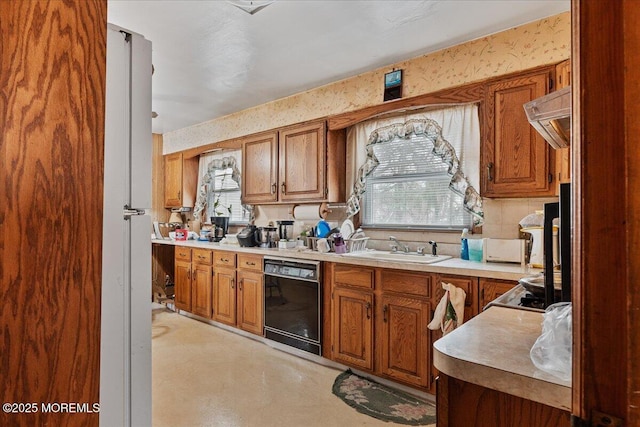 kitchen featuring sink, dishwasher, plenty of natural light, and exhaust hood