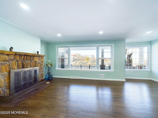 78 Lake Ave, Ocean Grove, NJ 07756 - unfurnished living room featuring a stone fireplace, recessed lighting, wood finished floors, visible vents, and baseboards
