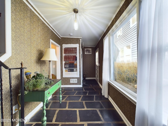 78 Lake Ave, Ocean Grove, NJ 07756 - doorway featuring wallpapered walls, baseboards, visible vents, and ornamental molding