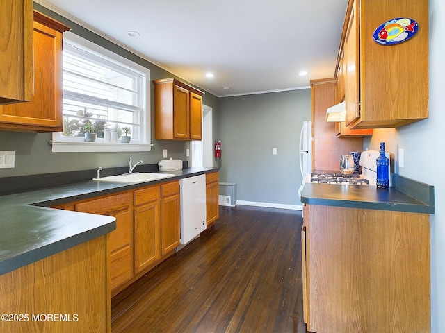 78 Lake Ave, Ocean Grove, NJ 07756 - kitchen with exhaust hood, a sink, dishwasher, dark countertops, and gas range