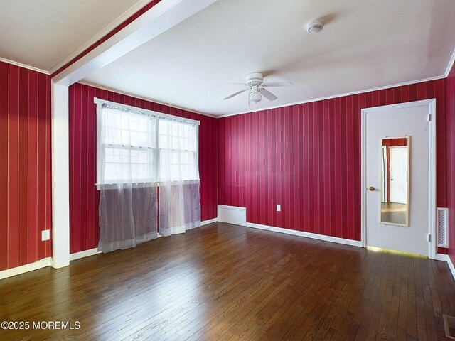 78 Lake Ave, Ocean Grove, NJ 07756 - empty room with ceiling fan, visible vents, baseboards, ornamental molding, and hardwood / wood-style floors