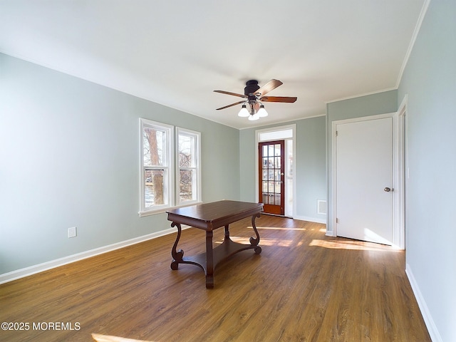 78 Lake Ave, Ocean Grove, NJ 07756 - home office with a ceiling fan, baseboards, wood finished floors, and ornamental molding