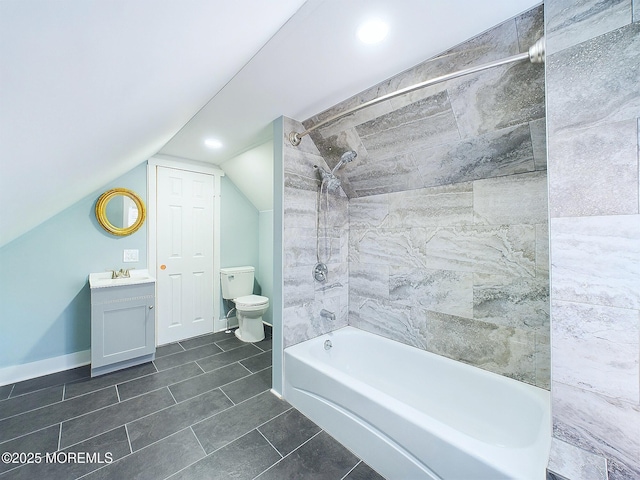 78 Lake Ave, Ocean Grove, NJ 07756 - bathroom with baseboards, toilet, vaulted ceiling, vanity, and washtub / shower combination