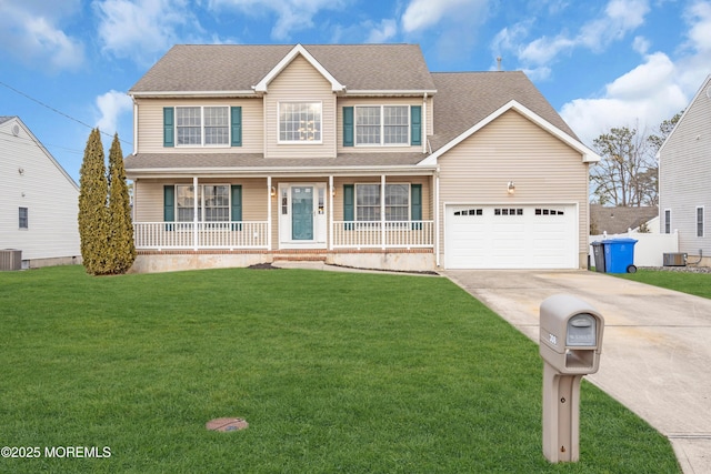 view of front of home with covered porch, central AC, a front lawn, and a garage