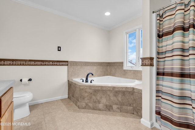 full bathroom featuring independent shower and bath, vanity, tile patterned flooring, toilet, and ornamental molding