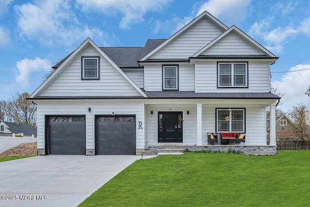 view of front of house featuring driveway, a porch, roof with shingles, fence, and a front lawn