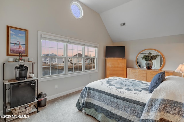 bedroom featuring high vaulted ceiling and carpet