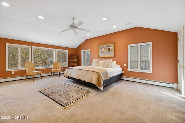 carpeted bedroom with a ceiling fan, a baseboard radiator, lofted ceiling, and recessed lighting