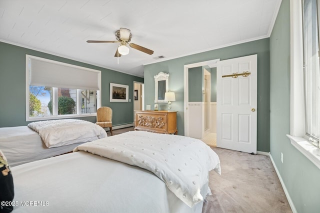 bedroom with carpet, ornamental molding, and baseboards