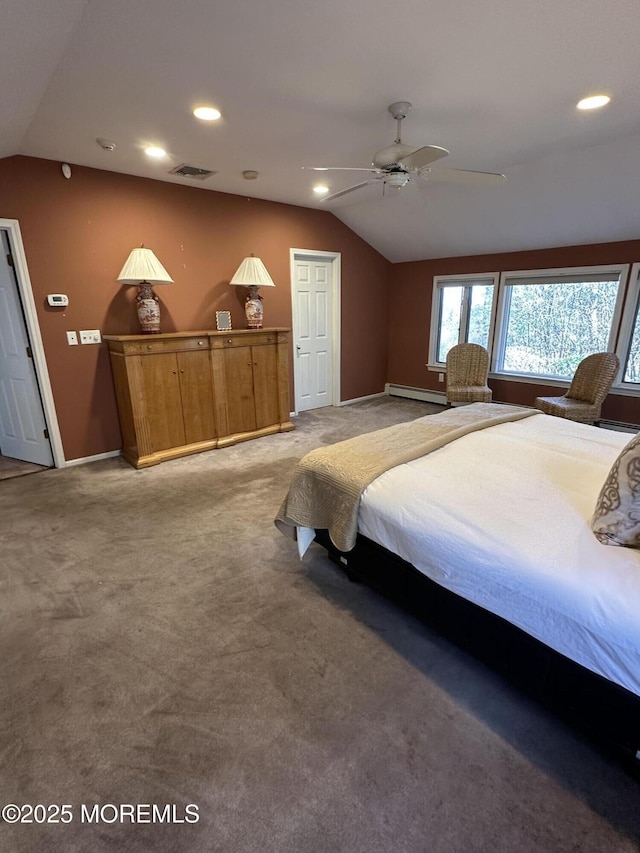 bedroom with lofted ceiling, a baseboard radiator, recessed lighting, light carpet, and visible vents