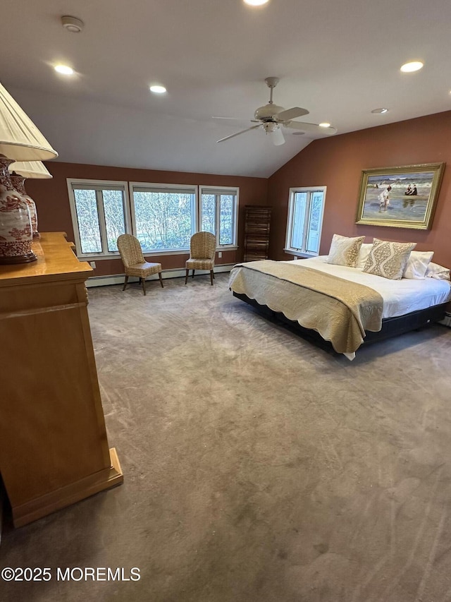 carpeted bedroom with vaulted ceiling, a ceiling fan, and recessed lighting