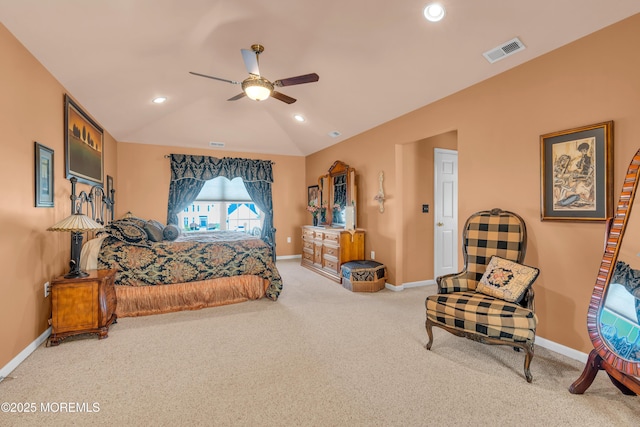 bedroom with lofted ceiling, baseboards, carpet flooring, visible vents, and recessed lighting