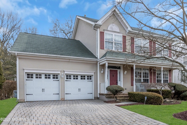 traditional-style house featuring a porch, decorative driveway, and an attached garage