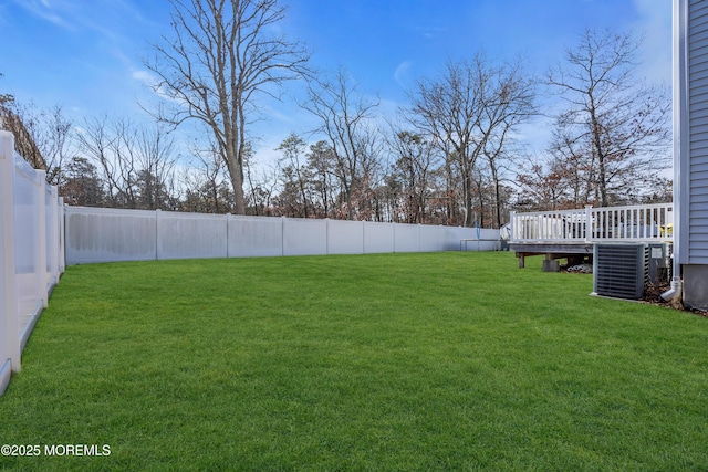 view of yard featuring central AC, a fenced backyard, and a wooden deck