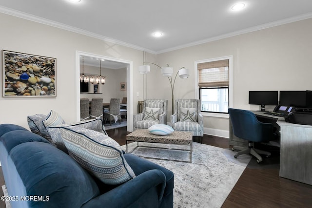 home office featuring an inviting chandelier, crown molding, baseboards, and wood finished floors